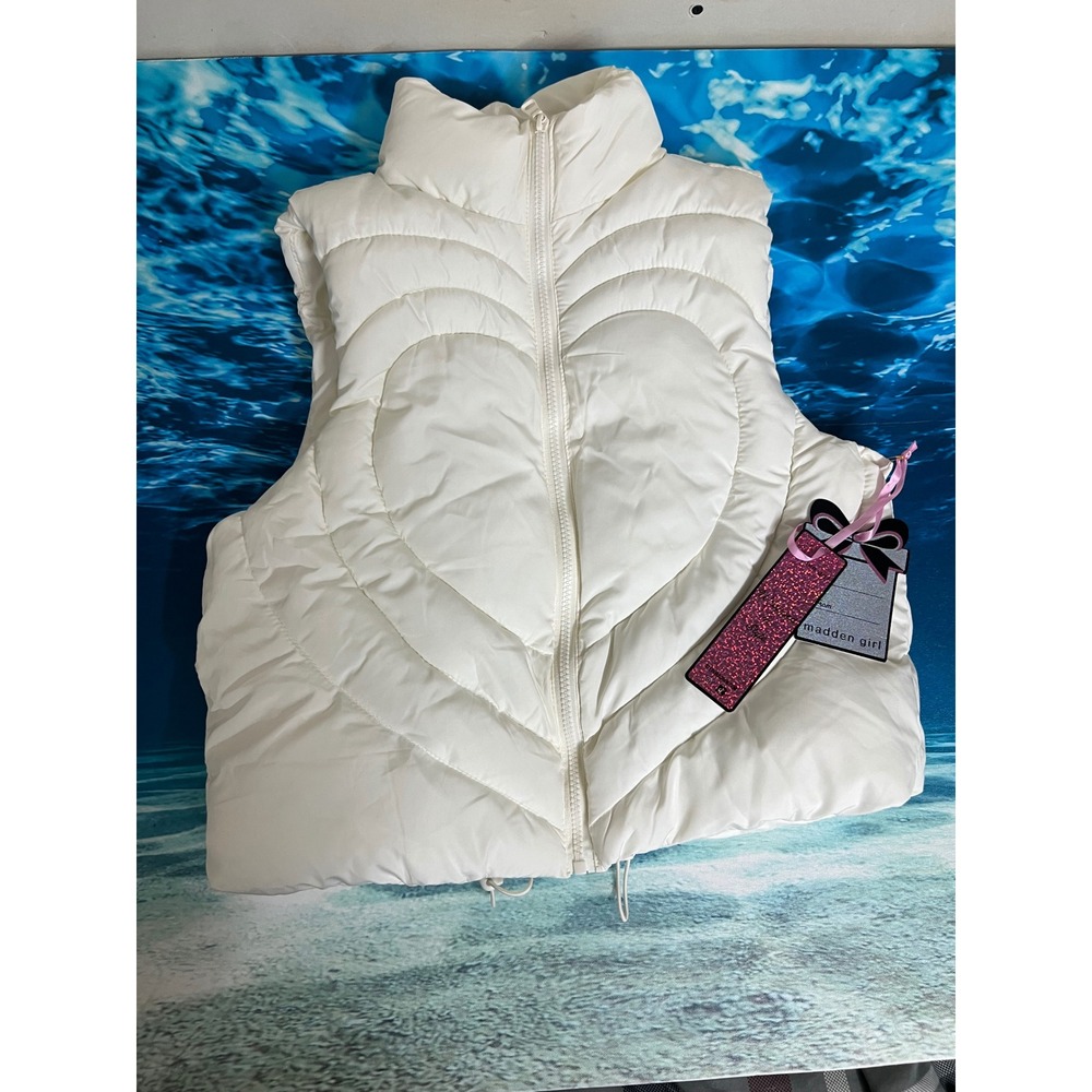 ❄️Madden Girl White Heart Quilted Puffer Vest Small Zip Up Stand Collar New
